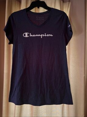 Champion Women’s Navy V-Neck Tee with White Logo